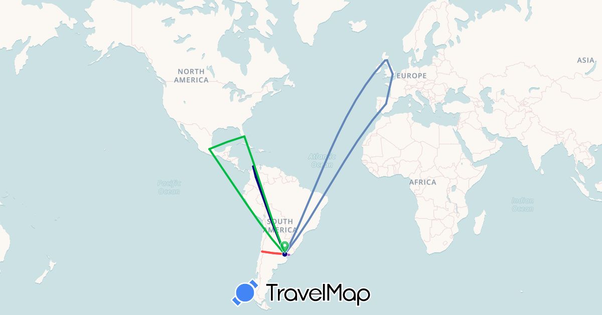 TravelMap itinerary: driving, bus, plane, cycling, train, hiking in Argentina, Chile, Colombia, Spain, United Kingdom, Mexico, United States, Uruguay (Europe, North America, South America)